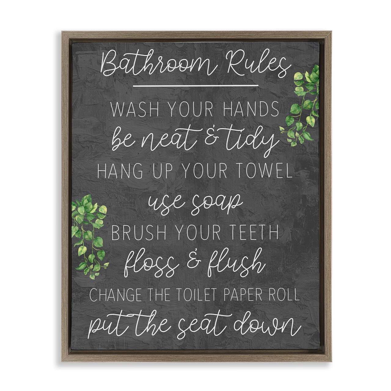 Stupell Industries Bathroom Rules with Greenery Framed Floater Canvas Wall Art Design by Kim Allen